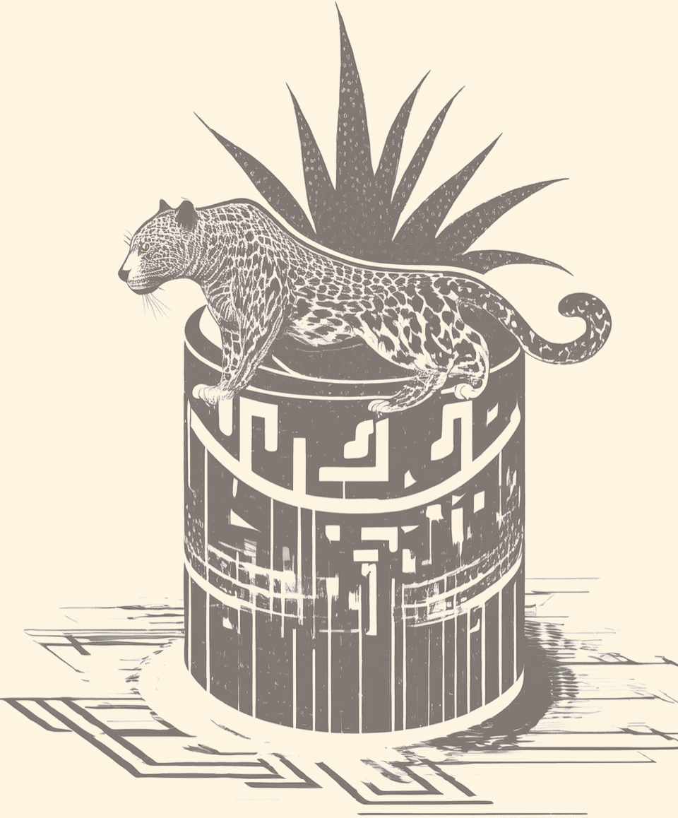Ilustración de un jaguar en la selva oaxaqueña sobre un maguey